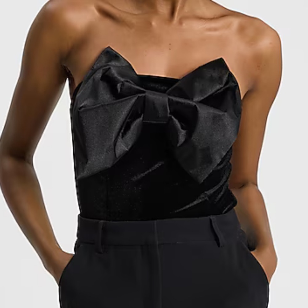 Strapless Express Satin Bow Black Velvet Bodysuit